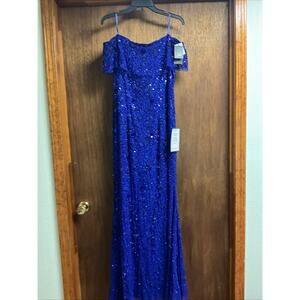 Adrianna Papell Navy Beaded Mesh Gown - Size 12 NEVER WORN